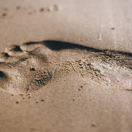 Prehistorische voetafdrukken van mensen op strand Canada